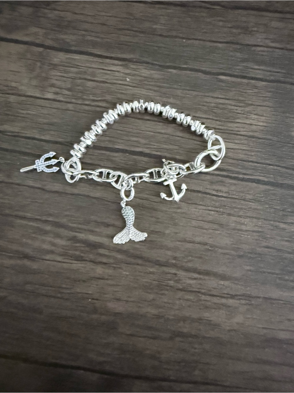 Silver Mermaid Tail Charm Bracelet with Anchor Accents